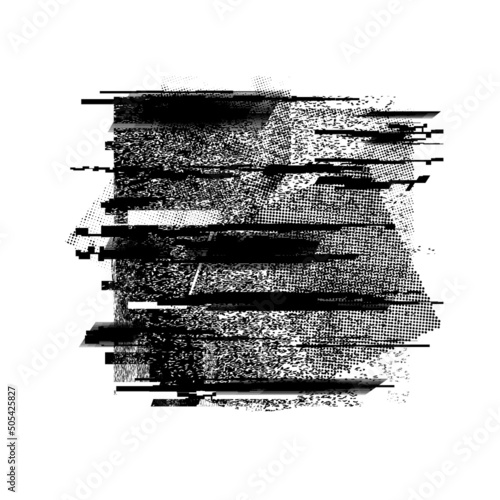 Glitch distorted geometric shape . Noise destroyed logo . Trendy defect error shapes . Glitched frame .Grunge textured . Distressed effect .Vector shapes with a halftone dots screen print texture.