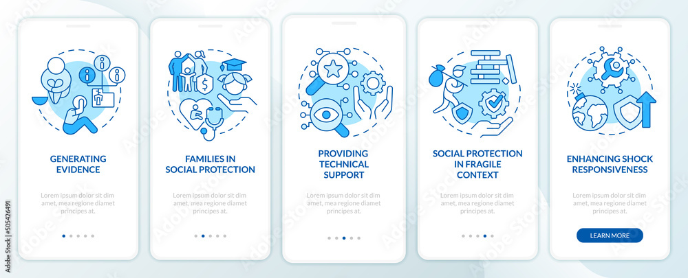 Social protection activities blue onboarding mobile app screen. Walkthrough 5 steps graphic instructions pages with linear concepts. UI, UX, GUI template. Myriad Pro-Bold, Regular fonts used