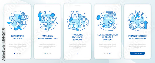 Social protection activities blue onboarding mobile app screen. Walkthrough 5 steps graphic instructions pages with linear concepts. UI, UX, GUI template. Myriad Pro-Bold, Regular fonts used