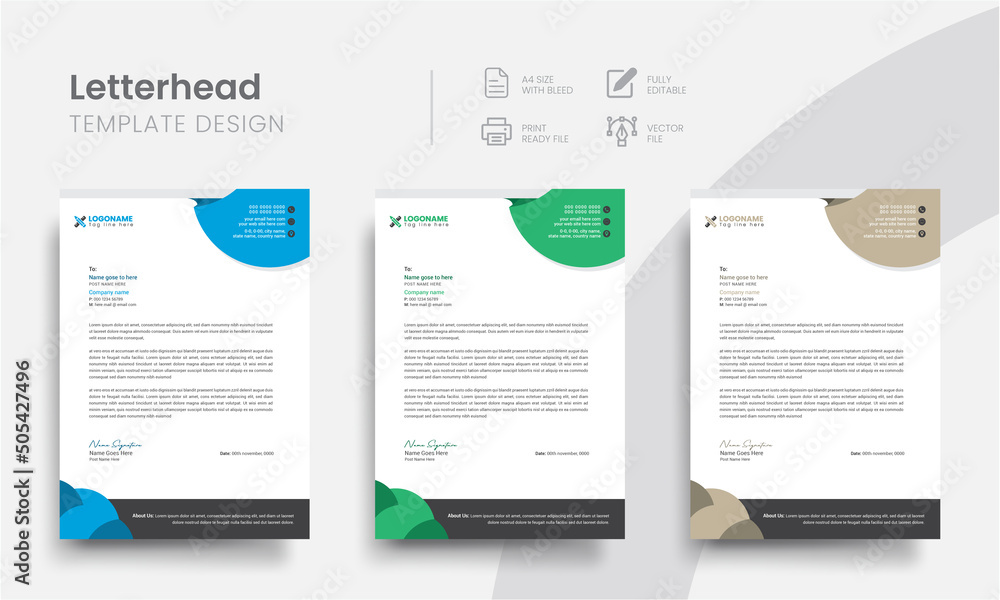 Professional simple business letterhead design template for the business stationery promo letter. Luxury modern corporate letterhead with color variation. Vol - 26