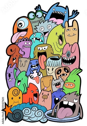 Hand-drawn illustrations  monsters doodle  Hand Drawn cartoon monster illustration Cartoon crowd doodle hand-drawn Doodle style.