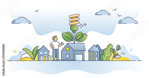 Household energy saving and LED lighting bulb consumption outline concept. Save electricity and turn off for environmental and nature friendly reasons vector illustration. Green eco resources usage.