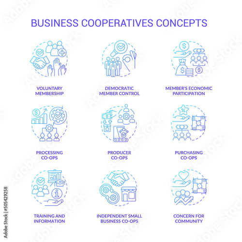 Business cooperatives blue gradient concept icons set. Cooperative work idea thin line color illustrations. Voluntary membership. Isolated symbols. Roboto-Medium, Myriad Pro-Bold fonts used