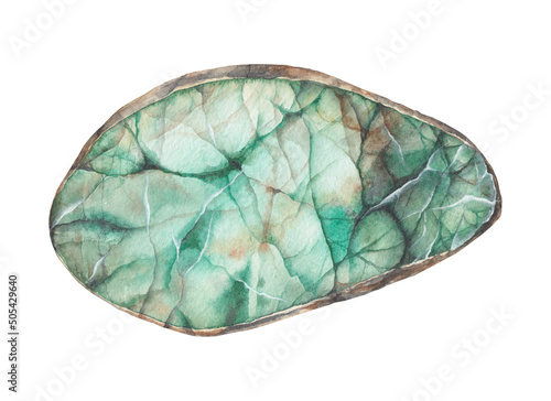 Green jade watercolor gemstone. Zodiac stone isolated on white background. Healing crystal illustration