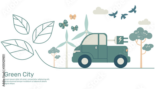 Electric pickup truck on line leaf, Green city with ecology earth nature conservation. Vector design illustration.