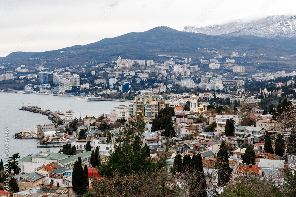Yalta. Crimea. March 2022. Yalta squatter from the embankment. Coastal