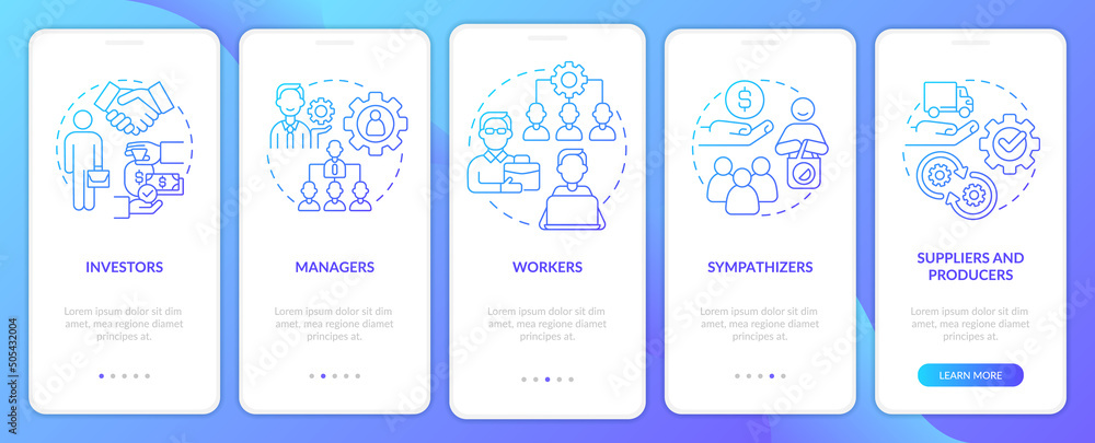 Members categories blue gradient onboarding mobile app screen. Business walkthrough 5 steps graphic instructions pages with linear concepts. UI, UX, GUI template. Myriad Pro-Bold, Regular fonts used