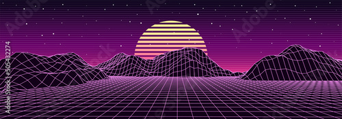 Retro fantastic background of the 80s. Vector mountain wireframe landscape with night sky and sunset . Futuristic neon scenery.