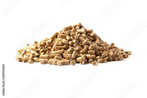 Cat tray filler from pressed sawdust isolated on white background.