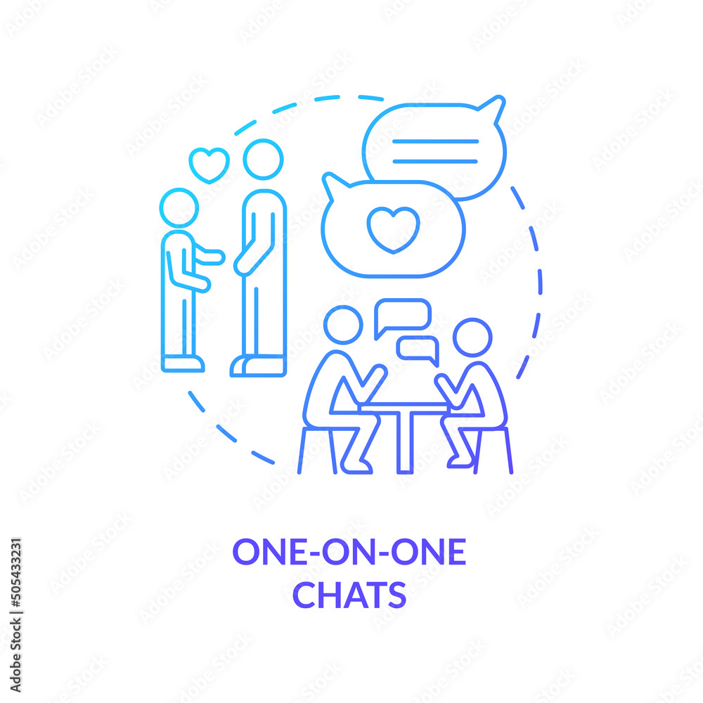 One on one chats blue gradient concept icon. Individual relationship. Quality time together abstract idea thin line illustration. Isolated outline drawing. Myriad Pro-Bold font used One on one chats blue gradient concept icon. Individual relationship. Quality time together abstract idea thin line illustration. Isolated outline drawing. Myriad Pro-Bold font used