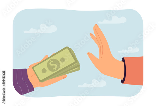 Person refusing money. Hand holding pile of banknotes, other making refusing sign. Finance, refusal concept for banner, website design or landing web page