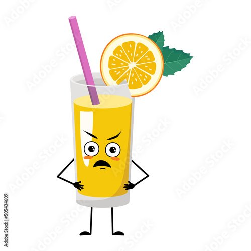 Orange smoothie with fruit and straw character with angry emotions, grumpy face, furious eyes, arms and legs. Healthy vitamin drink in glass irritated expression and pose. Vector flat illustration