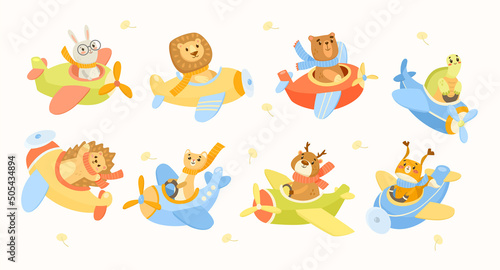 Cute animals flying on airplanes cartoon illustration set. Funny little lion, tiger, bear, cat, bunny, deer, hedgehog, turtle characters on plane or aircraft. Transportation, vehicle, travel concept