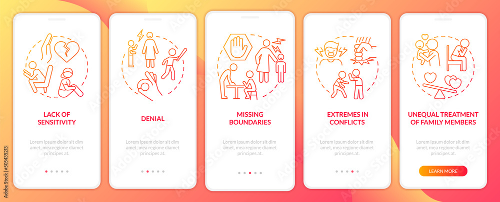 Fototapeta premium Dysfunctional family signs red gradient onboarding mobile app screen. Walkthrough 5 steps graphic instructions pages with linear concepts. UI, UX, GUI template. Myriad Pro-Bold, Regular fonts used