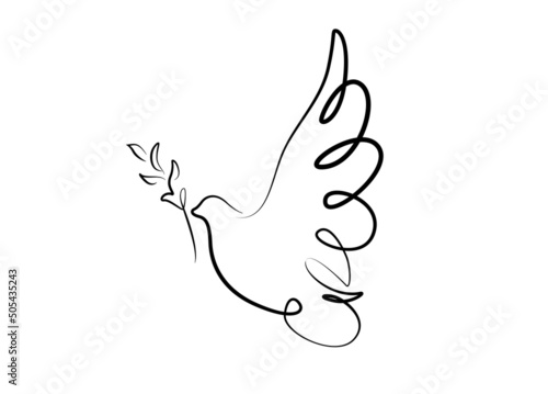 Illustration dove with a sprig of peace on white background. Vector silhouette of peace sign drawn in monoline in flat style.