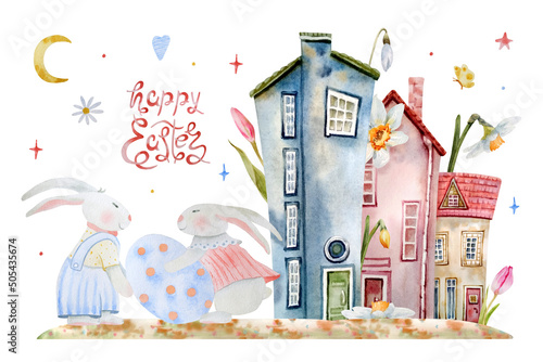  Watercolor illustration of "Happy Easter". Cute hand-drawn spring picture with Easter bunnies, eggs, fairy houses, a butterfly, flowers and hearts. Clipart for the design of postcards