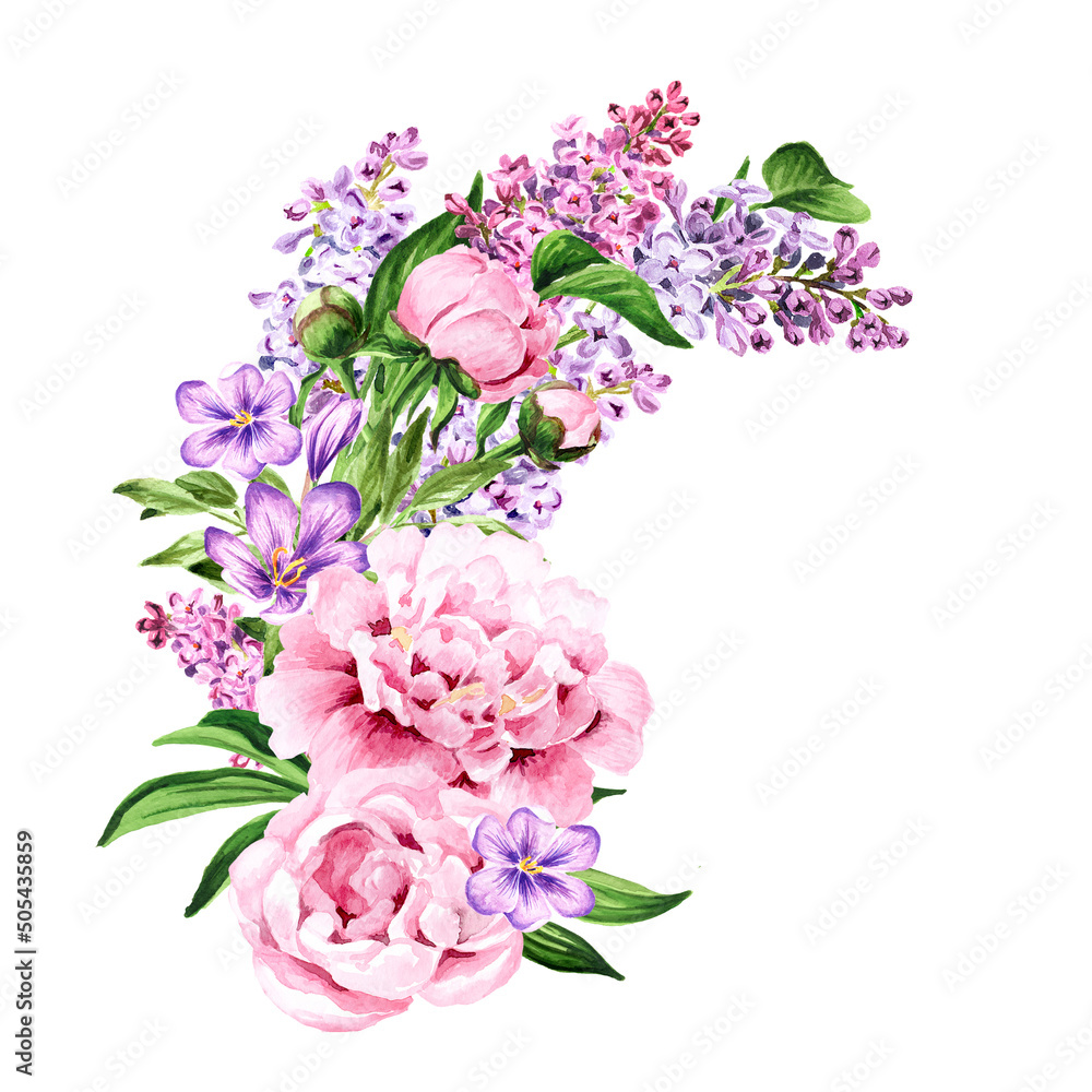Decorative  bouquet  of  flowers for a festive card,  greeting card,  invitation, leaflet. Hand drawn watercolor illustration isolated on white background
