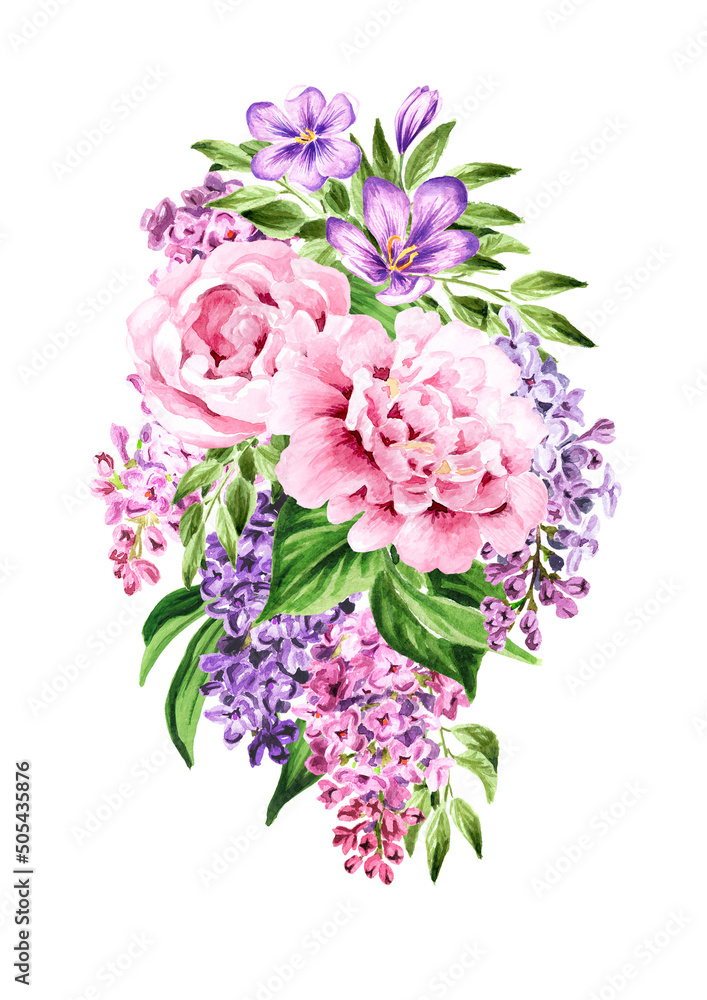 Decorative  bouquet  of  flowers for a festive card,  greeting card, invitation, leaflet. Hand drawn watercolor illustration isolated on white background