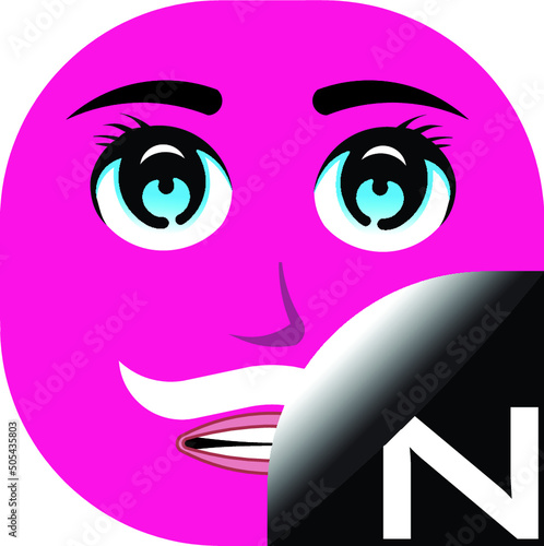 A character of pink avatar with a letter N and white moustache. Alphabetical cartoon face with a letter N