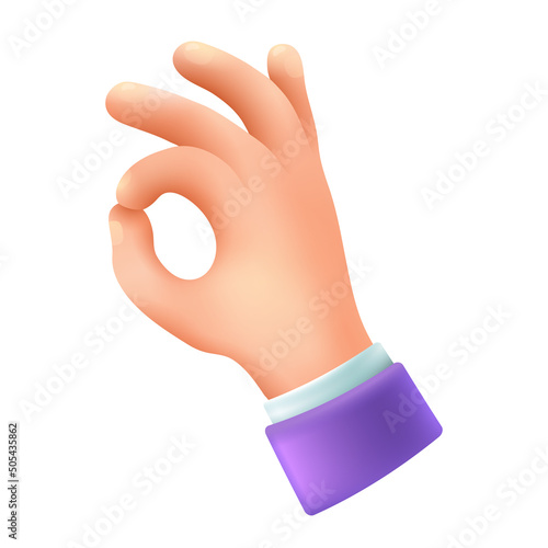 OK hand gesture 3d cartoon style icon on white background. Hand making okay sign flat vector illustration. Expression, gesturing, greeting, agreement, positivity concept