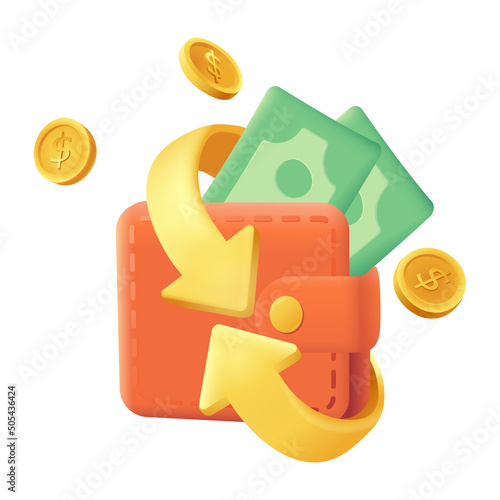 Arrows around wallet with money 3d cartoon style icon. Cashback, money or cash refund flat vector illustration. Finance, wealth, currency, payment, bank concept