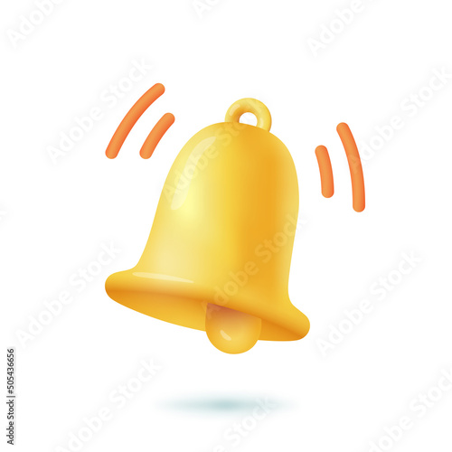 Notification bell 3d cartoon style icon on white background. Yellow bell as symbol of alarm, alert or reminder about new message on social networks flat vector illustration. Attention concept