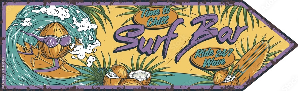 Φωτογραφία Surfing hawaii poster, aloha beach summer print with surf board and tropical leaves