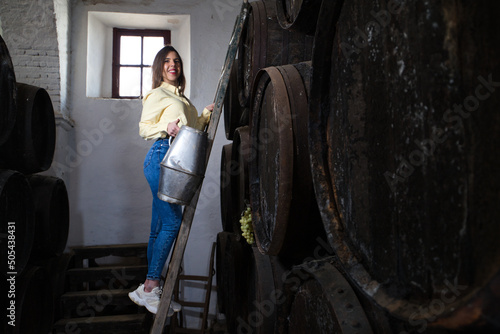 Young, beautiful businesswoman working in her wine cellar on a ladder with a metal jug in her hand in front of wooden wine barrels. Concept of wine and enterprising woman