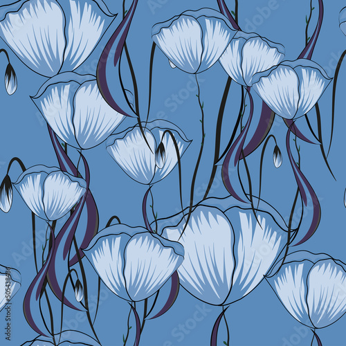 Fashionable blue background with tulips. Seamless pattern for printing on the material, advertising booklets. Скетч. Stylized as a watercolor.