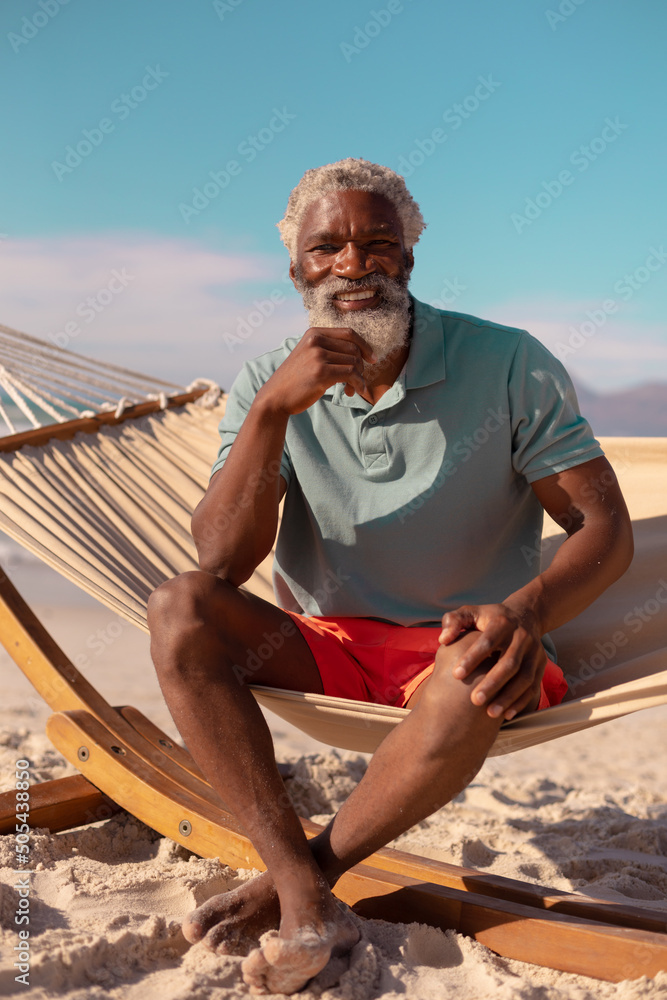 Portrait of bearded african american senior man sitting on hammock against blue sky in summer