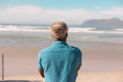 Rear view of african american senior man with gray hair looking at seascape against sky on sunny day