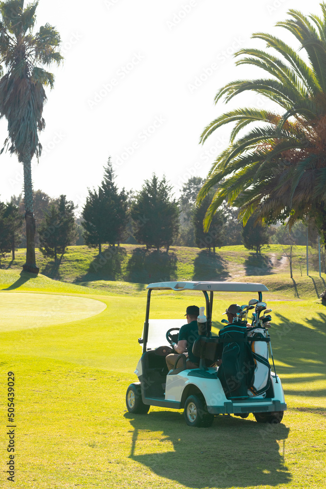 Φωτογραφία Multiracial young male friends with bags sitting in golf cart against clear sky