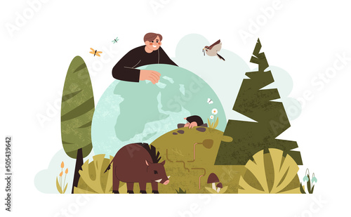 Ecosystem and biodiversity flat vector illustration. Man care and protection wild animals, mammals, birds, flora and fauna on planet. Saving life of biological species, earth and forest habitats.