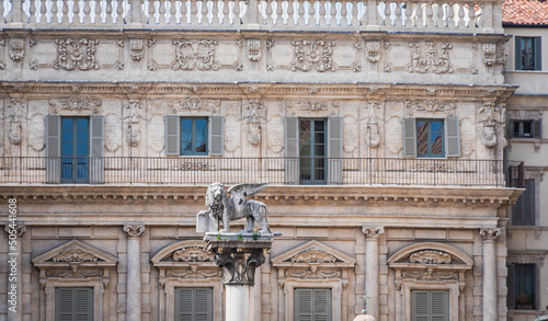 View of  Palazzo Maffei  and the Lion of Saint Mark in Verona  Veneto  Italy  Europe  World Heritage Site