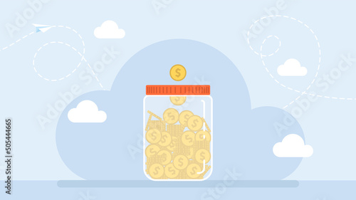 The concept of saving money. Vector image of gold coins in a glass, transparent jar with a lid. Piggy bank for storing money. Jar with money. Option how to save wealth. Vector flat illustration.