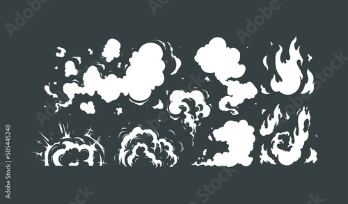 Vector smoke set effects template. Cartoon steam clouds, mist, puff, fog, watery vapor, or dust explosion 2D VFX illustration. Clip art element for game, print, advertising, menu, and web design.