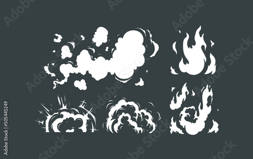 Vector smoke set effects template. Cartoon steam clouds, mist, puff, fog, watery vapor, or dust explosion 2D VFX illustration. Clip art element for game, print, advertising, menu, and web design.