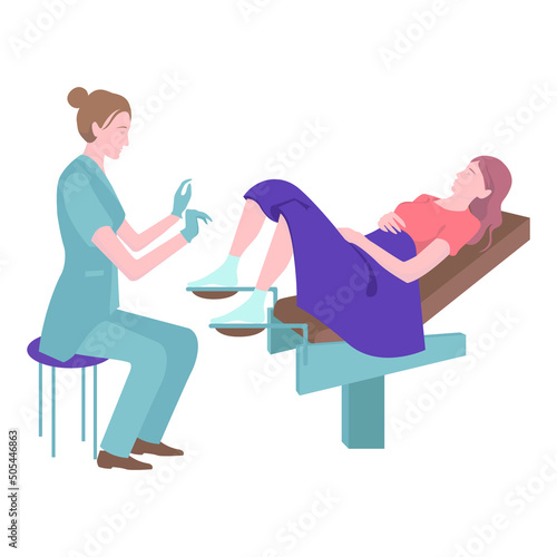 Office of a gynecologist. A girl is being examined by a doctor. The patient is sitting in a chair. Flat vector illustration