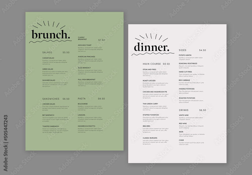 Minimal Menu Layout with Green Accent Stock Template | Adobe Stock