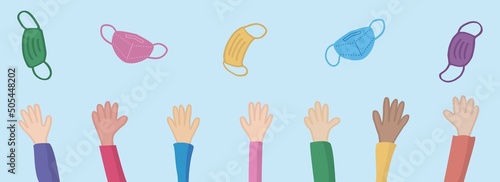 Hands throw face masks upward. The end of restrictions due to the Covid-19 pandemic. Multicolored cloth masks and FFP2 or KN95 respirators fly against the blue sky. Freedom Day. Flat style.