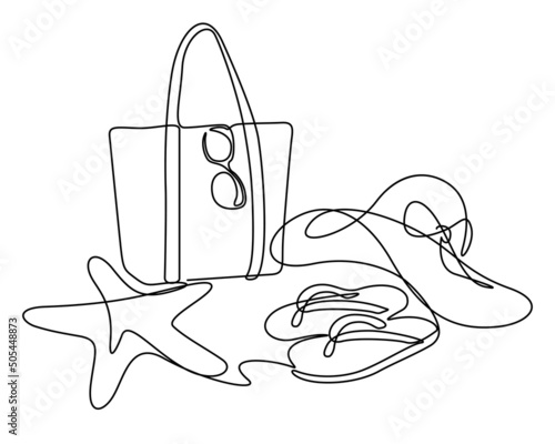 Continuous line art of summer sea fashions;tote bag,beach hat,flip flops,sunglasses,starfish on tropical beach. vector illustration for advertising,promote,poster,etc.