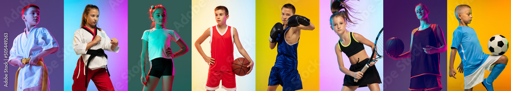 Little champions. Collage of different little sportsmen in action and motion isolated on multicolored background in neon. Flyer. Sport for kids
