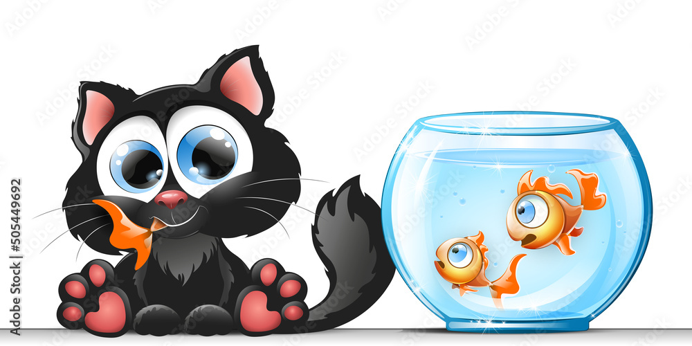 Fotografie Cat eat one fish from aquarium