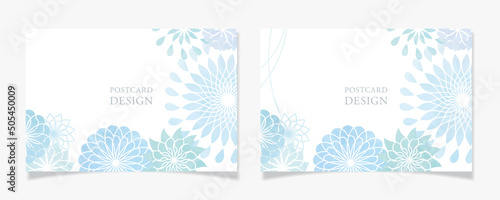 曲線で描いた花柄風のポストカードデザインE1【水彩塗／ブルー系】