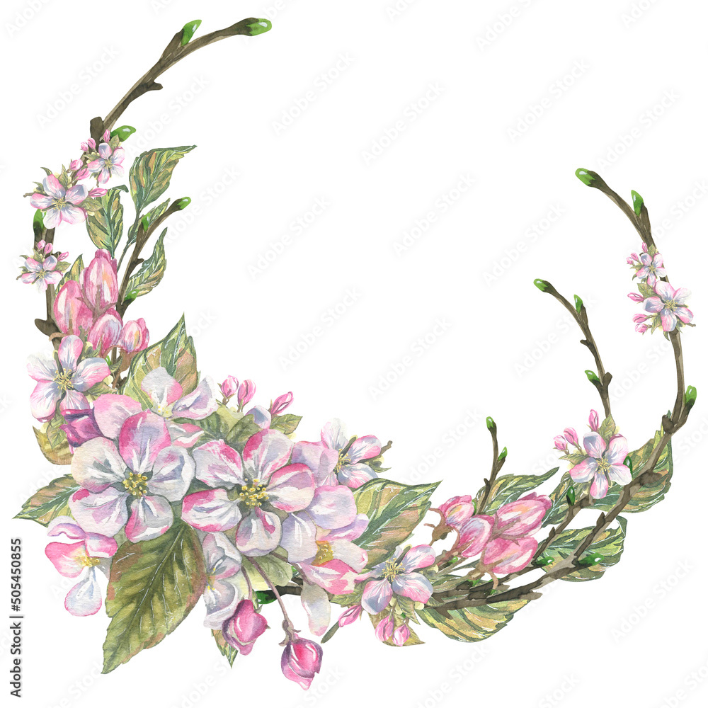 A round frame, a wreath of twigs, flowers, leaves, buds of apple blossoms. Watercolor illustration. For the design of postcards, posters, invitations, booklets, gift certificates.