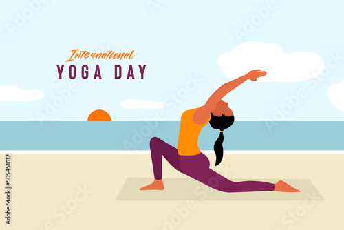 International yoga day text with a woman practicing yoga vector at beach background illustration for banner design