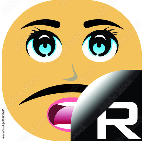 A character of corn yellow avatar with a letter R and black long moustache. Alphabetical cartoon face with a letter R