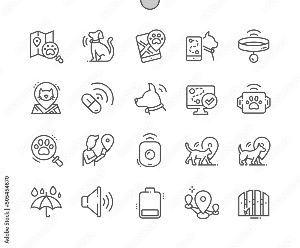 Pet tracking. Dog microchipping. Pet collar. App pet gps tracking. Pixel Perfect Vector Thin Line Icons. Simple Minimal Pictogram Pet tracking. Dog microchipping. Pet collar. App pet gps tracking. Pixel Perfect Vector Thin Line Icons. Simple Minimal Pictogram
