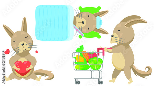 Set Abstract Collection Flat Cartoon Different Animal Lagidium Whiskasha Rodent Pulling A Grocery Cart, Hugs The Heart, Sick In Bed With A Thermometer Vector Design Style Elements Fauna Wildlife photo