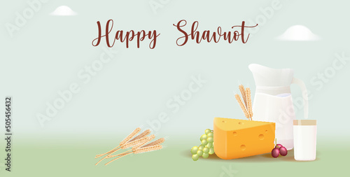 Happy Shavuot Template Banner with 3D Style. Jewish Holiday Shavuot Concept with Fruits, Wheat and Milk Bottle. Vector Illustration. Greeting Card Template Background 